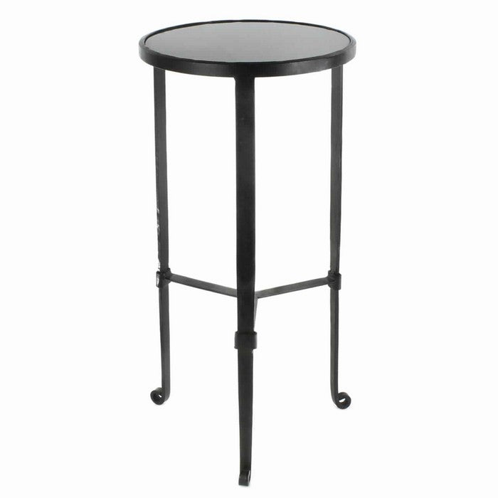 Contemporary Side Table with Metal Frame and Round Stone Top, Black