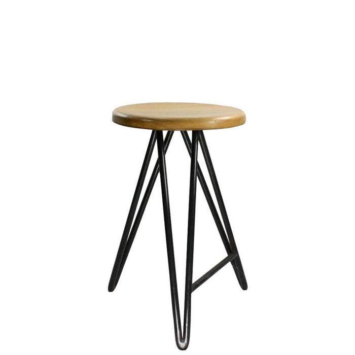 Round Wooden Counter Stool with Hairpin Legs, Set of 2, Brown and Black