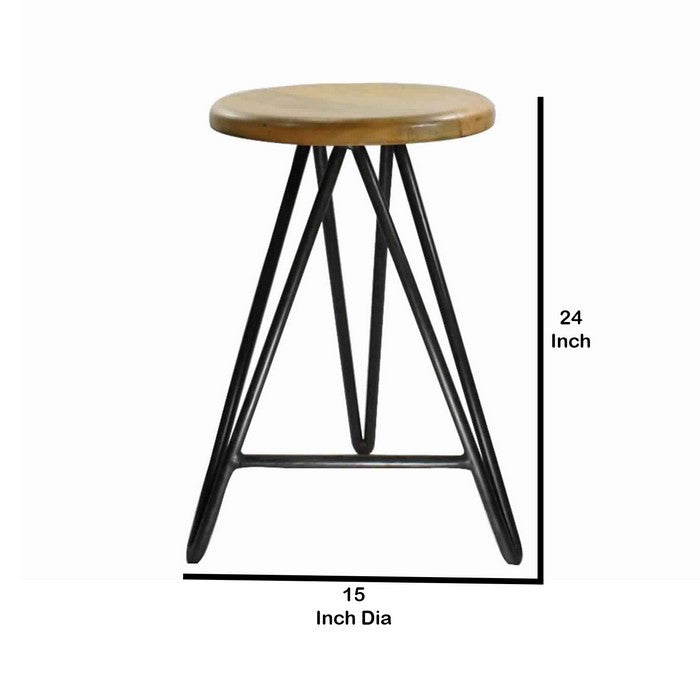 Round Wooden Counter Stool with Hairpin Legs, Set of 2, Brown and Black