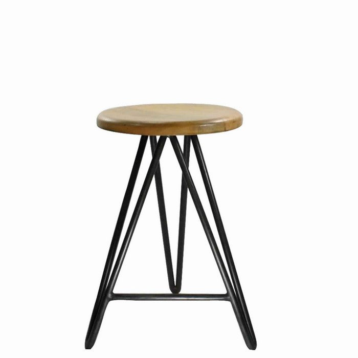 Round Wooden Counter Stool with Hairpin Legs, Set of 2, Brown and Black