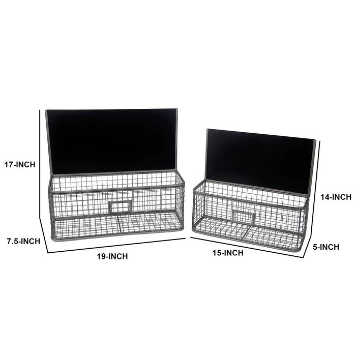 Mesh Type Metal Wall Basket with Chalkboard Top, Set of 2, Gray and Black