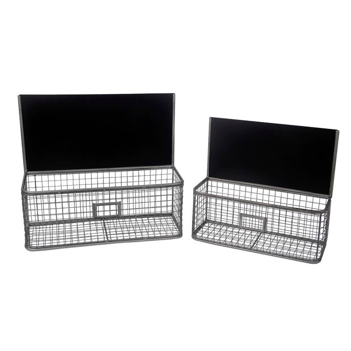 Mesh Type Metal Wall Basket with Chalkboard Top, Set of 2, Gray and Black