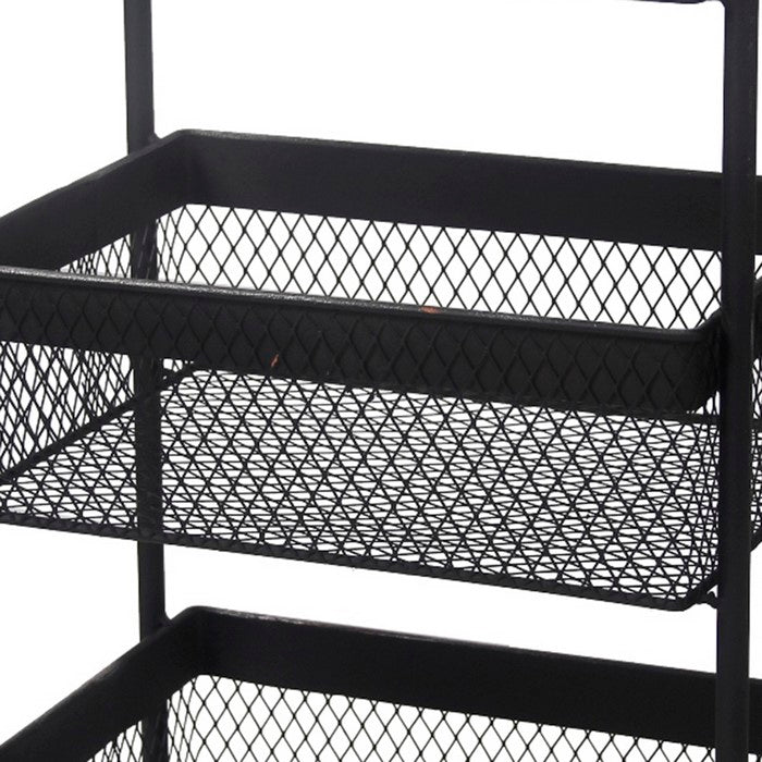 Three Tier Mesh Type Metal Storage Cart with Casters, Black