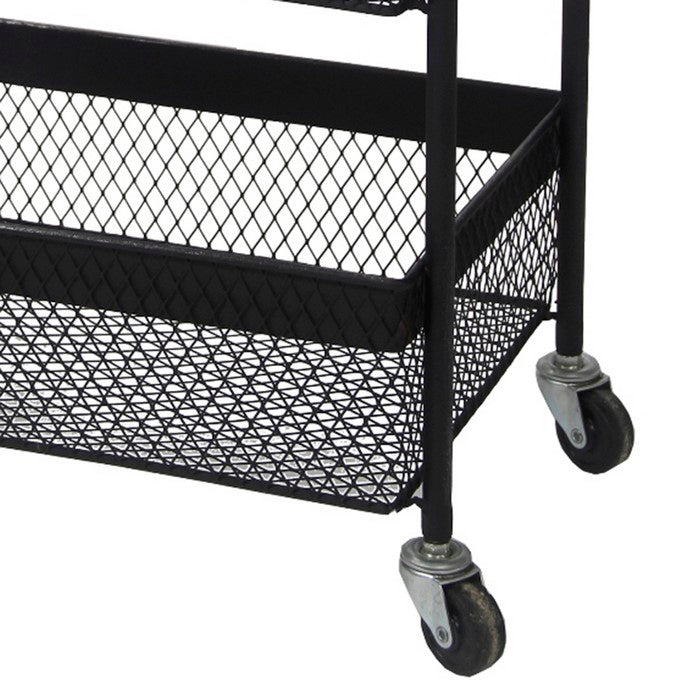 Three Tier Mesh Type Metal Storage Cart with Casters, Black