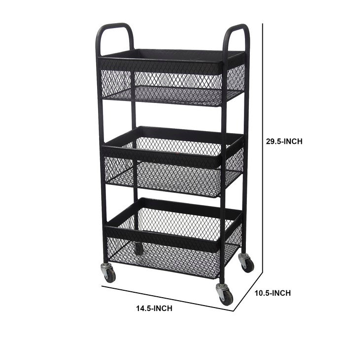 Three Tier Mesh Type Metal Storage Cart with Casters, Black