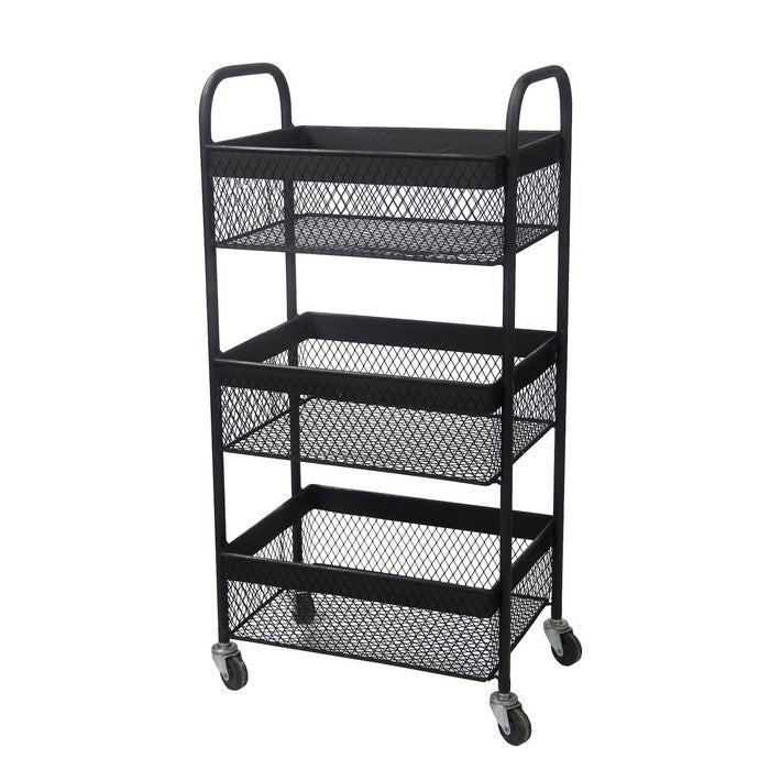 Three Tier Mesh Type Metal Storage Cart with Casters, Black