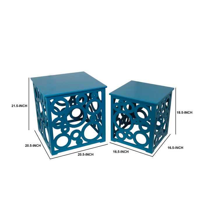 Wooden Nesting Table with Circular Cut Out Design, Set of 2, Blue