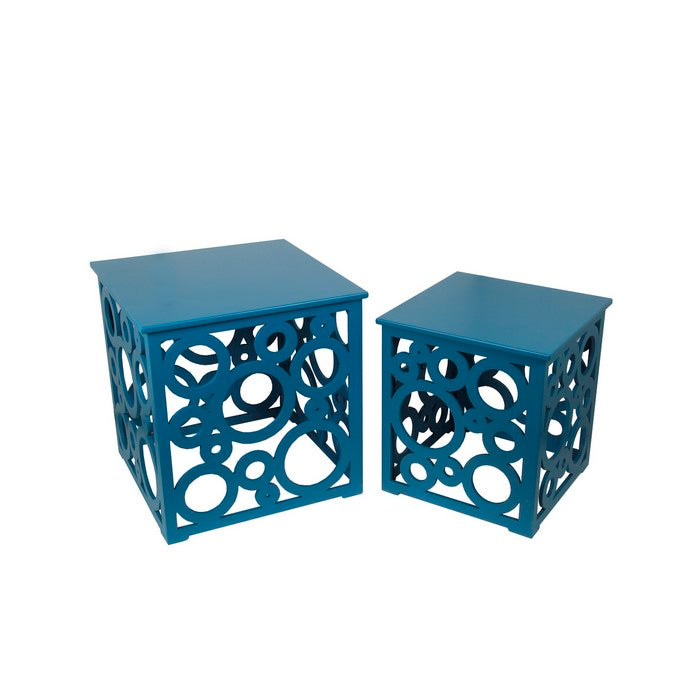 Wooden Nesting Table with Circular Cut Out Design, Set of 2, Blue