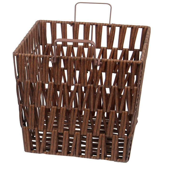 Resin Wicker Storage Basket with Metal Handle, Set of 2, Brown