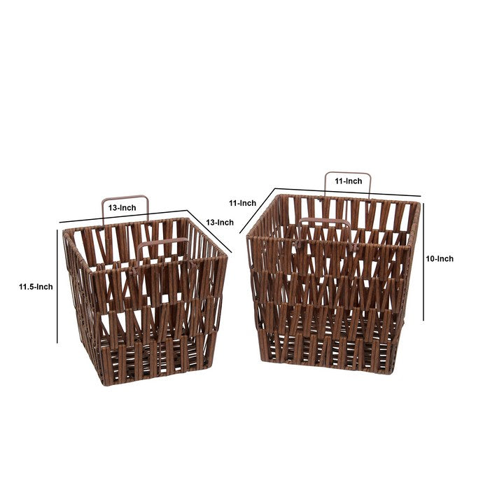 Resin Wicker Storage Basket with Metal Handle, Set of 2, Brown
