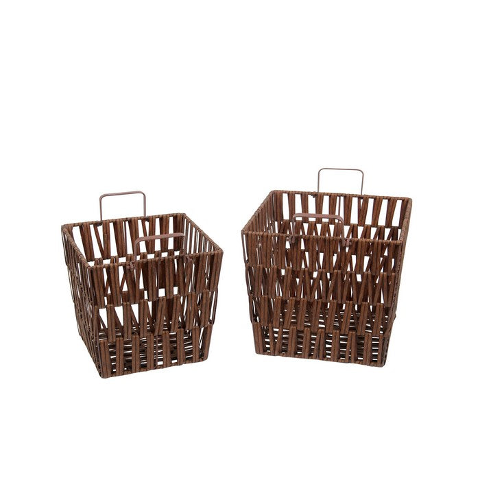 Resin Wicker Storage Basket with Metal Handle, Set of 2, Brown