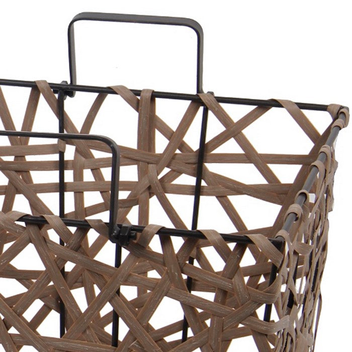 Resin Wicker Storage Basket with Metal Handle, Set of 2, Brown and Black