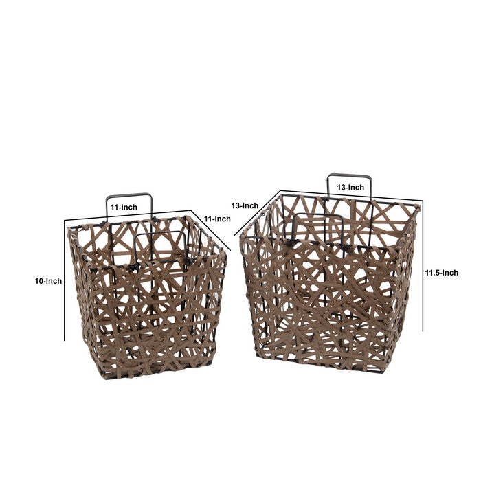 Resin Wicker Storage Basket with Metal Handle, Set of 2, Brown and Black