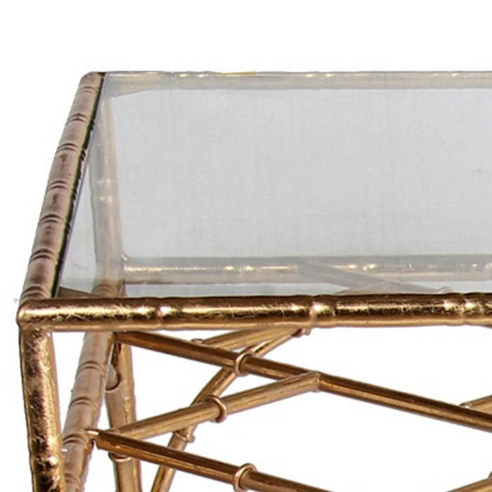 Glass Top Accent Table with Bamboo Inspired Metal Base, Set of 2, Gold