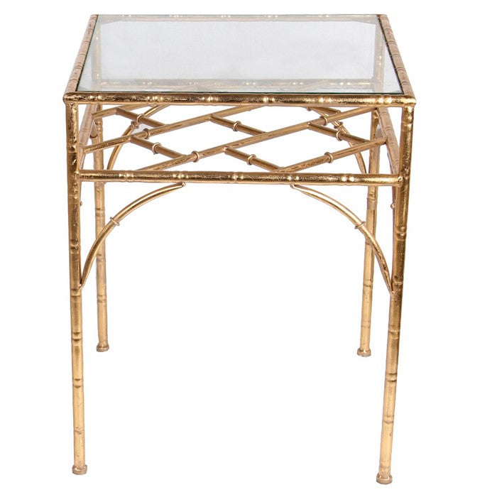 Glass Top Accent Table with Bamboo Inspired Metal Base, Set of 2, Gold