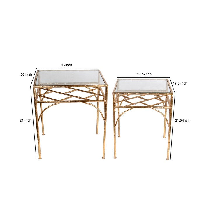 Glass Top Accent Table with Bamboo Inspired Metal Base, Set of 2, Gold