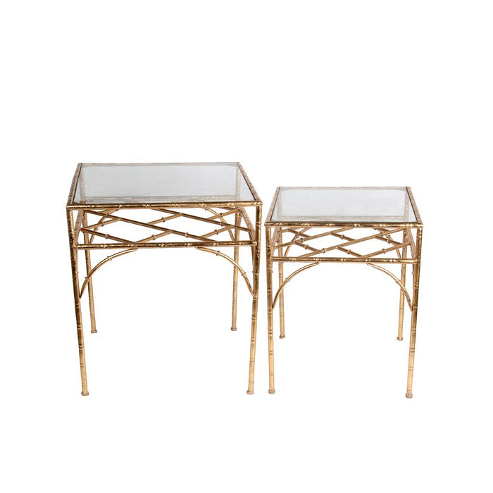 Glass Top Accent Table with Bamboo Inspired Metal Base, Set of 2, Gold