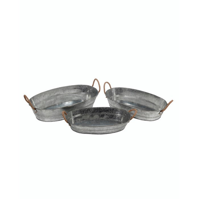 Oval Metal Storage Bucket with Rope Handles, Set of Three, Gray