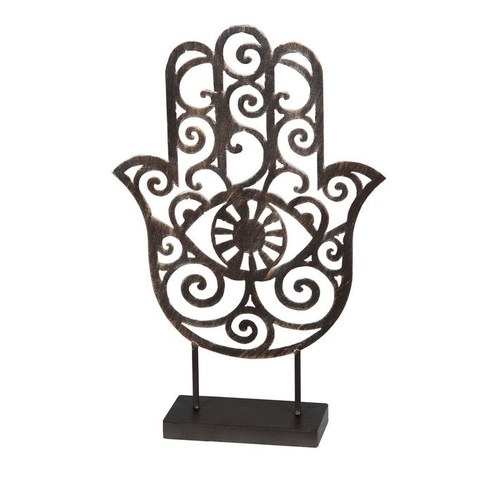 Metal Hamsa Table Decor with Rectangular Base, Bronze