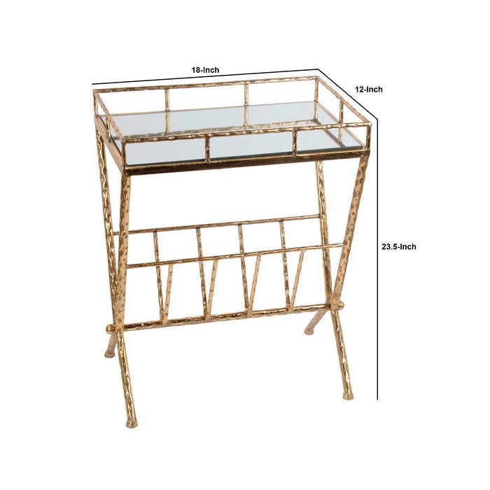 Rectangular Glass Top Magazine Rack with Tubular Metal Frame, Gold