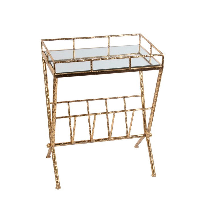 Rectangular Glass Top Magazine Rack with Tubular Metal Frame, Gold