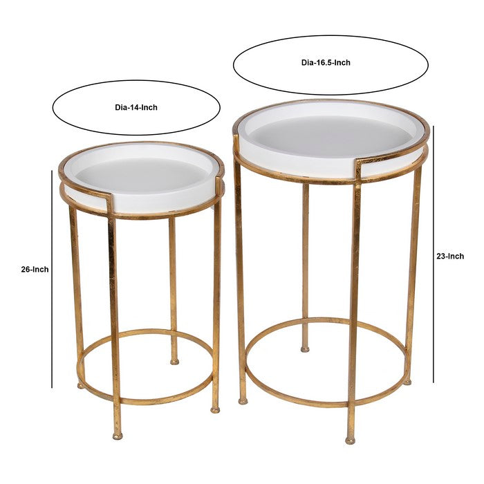 Circular Glass Top Accent Stand with Tubular Metal Frame, Set of Two, Gold