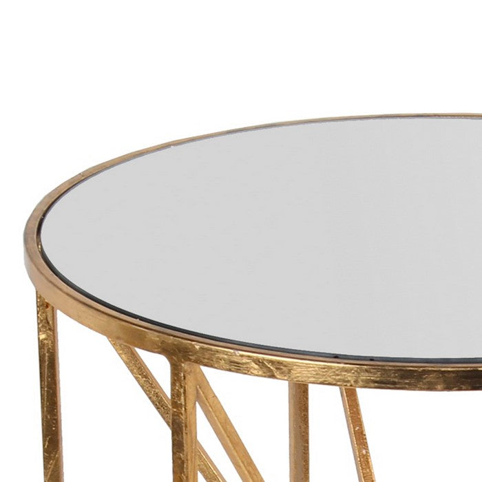 Circular Glass Top Accent Table with Tubular Geometric Base, Gold