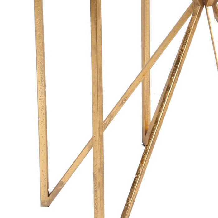 Circular Glass Top Accent Table with Tubular Geometric Base, Gold