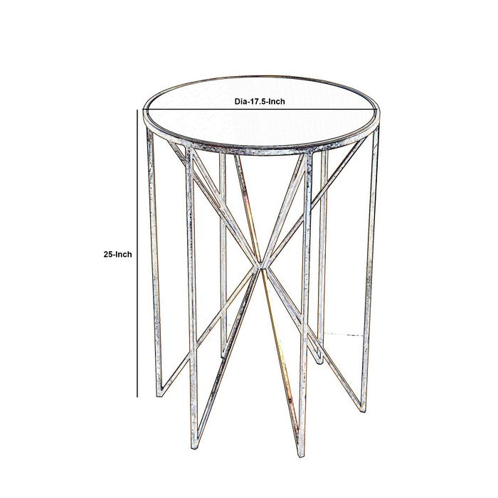 Circular Glass Top Accent Table with Tubular Geometric Base, Gold