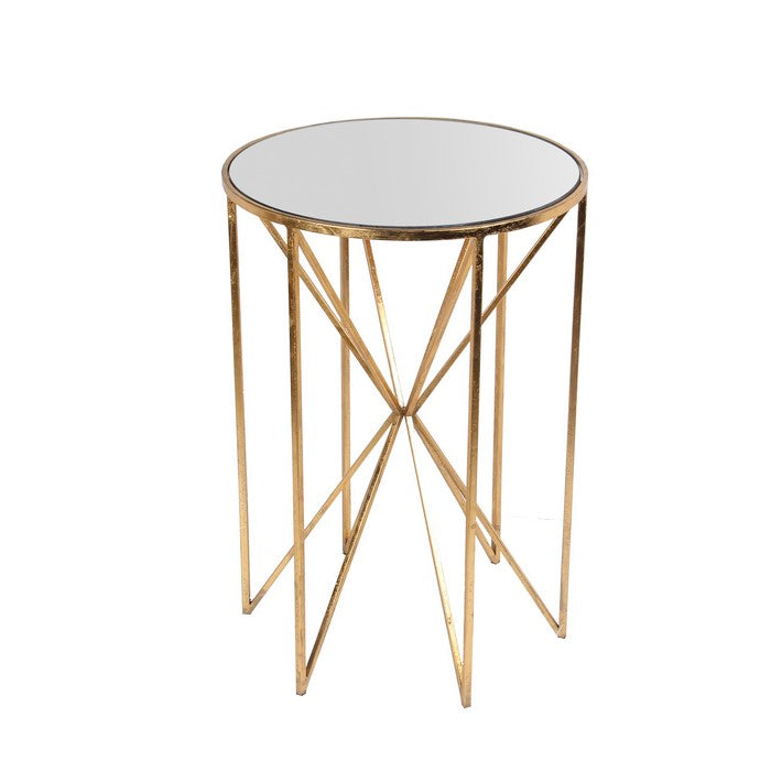 Circular Glass Top Accent Table with Tubular Geometric Base, Gold