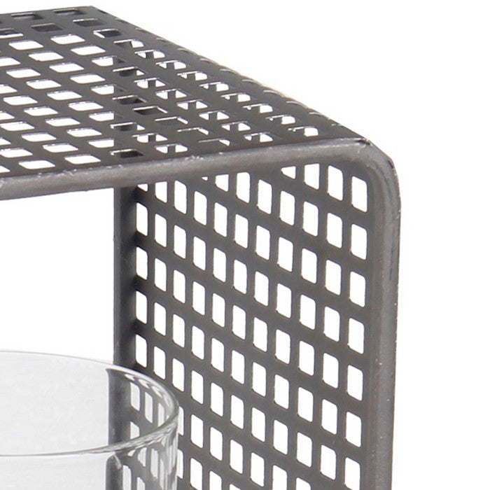 Industrial Metal Grid Body Lantern with Glass Hurricane, Large, Gray