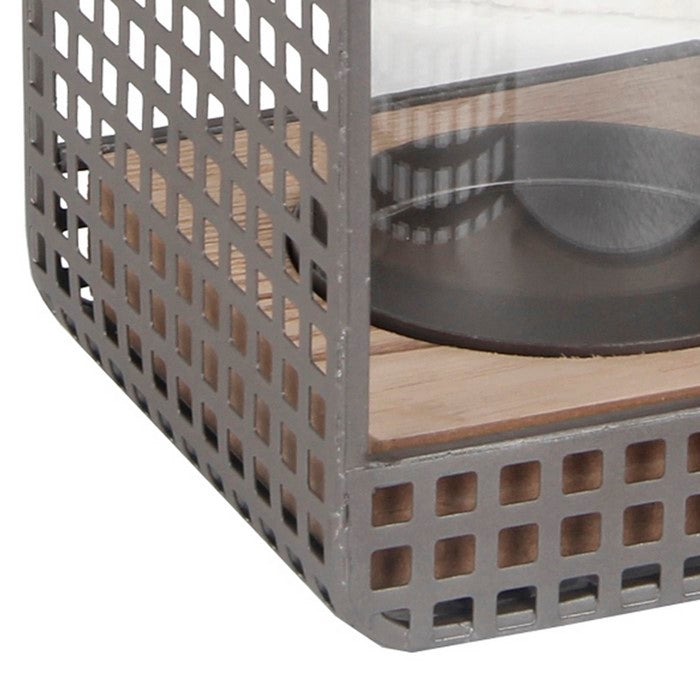 Industrial Metal Grid Body Lantern with Glass Hurricane, Large, Gray