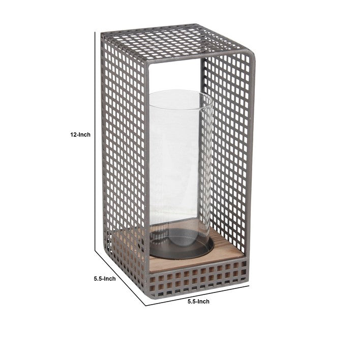 Industrial Metal Grid Body Lantern with Glass Hurricane, Large, Gray
