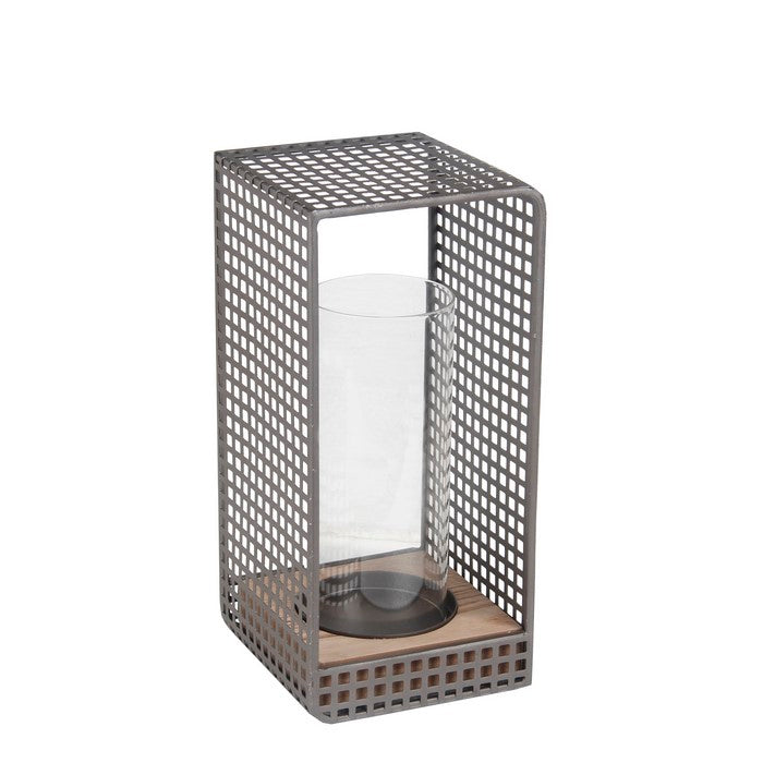 Industrial Metal Grid Body Lantern with Glass Hurricane, Large, Gray