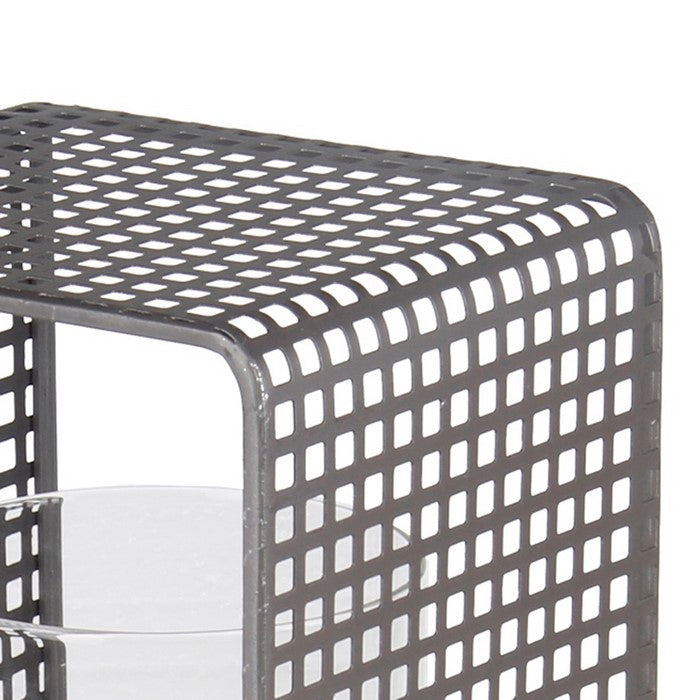 Industrial Metal Grid Body Lantern with Glass Hurricane, Small, Gray