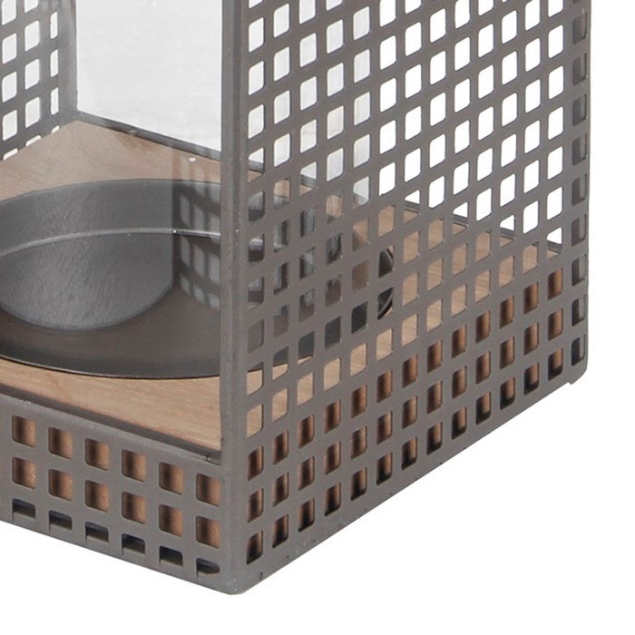 Industrial Metal Grid Body Lantern with Glass Hurricane, Small, Gray