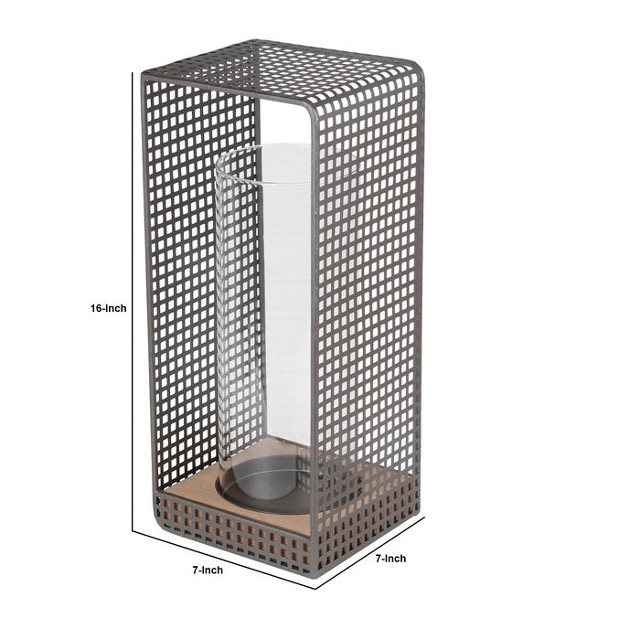 Industrial Metal Grid Body Lantern with Glass Hurricane, Small, Gray