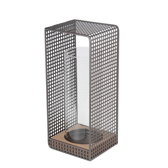 Industrial Metal Grid Body Lantern with Glass Hurricane, Small, Gray