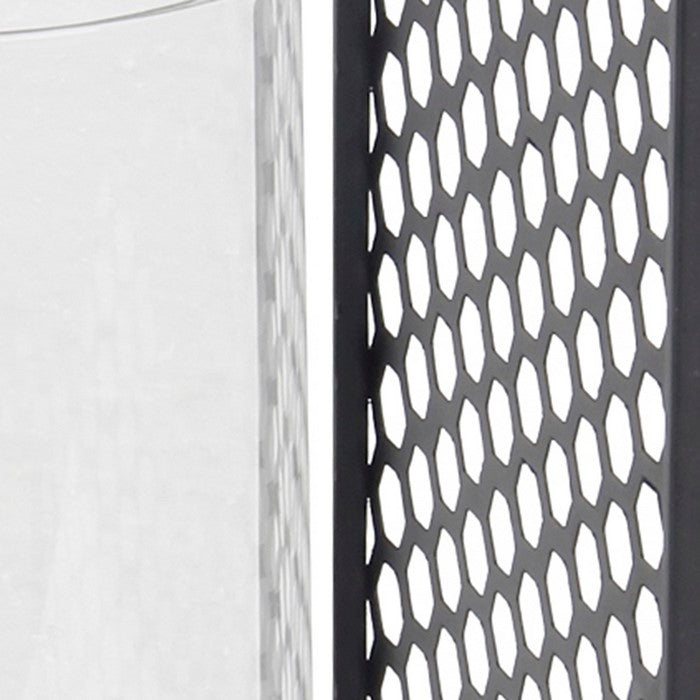 Hexagonal Metal Grid Body Lantern with Glass Hurricane, Small, Gray