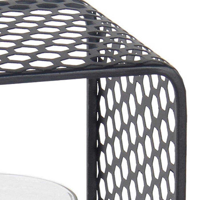 Hexagonal Metal Grid Body Lantern with Glass Hurricane, Small, Gray