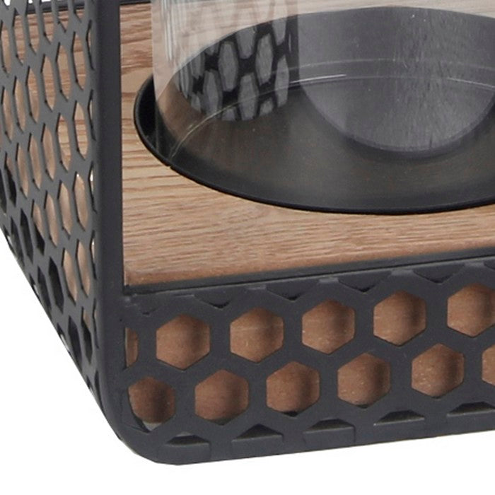 Hexagonal Metal Grid Body Lantern with Glass Hurricane, Small, Gray