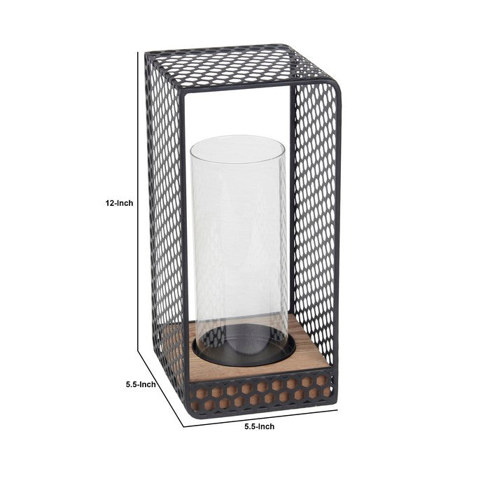 Hexagonal Metal Grid Body Lantern with Glass Hurricane, Small, Gray
