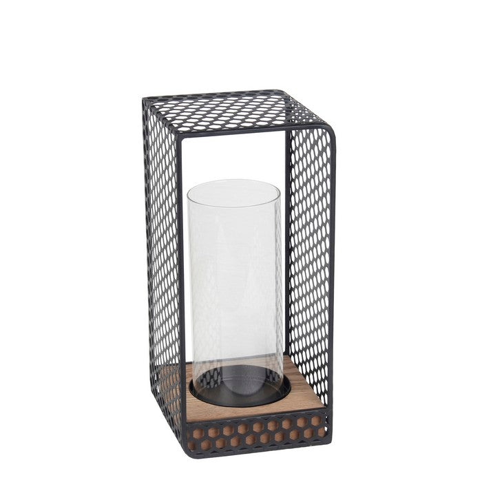 Hexagonal Metal Grid Body Lantern with Glass Hurricane, Small, Gray