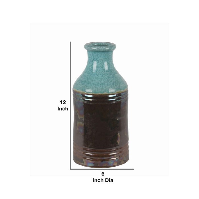 Narrow Mouth Ceramic Table Vase with Mosaic Pattern, Small, Blue and Brown