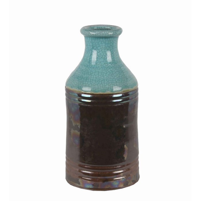 Narrow Mouth Ceramic Table Vase with Mosaic Pattern, Small, Blue and Brown