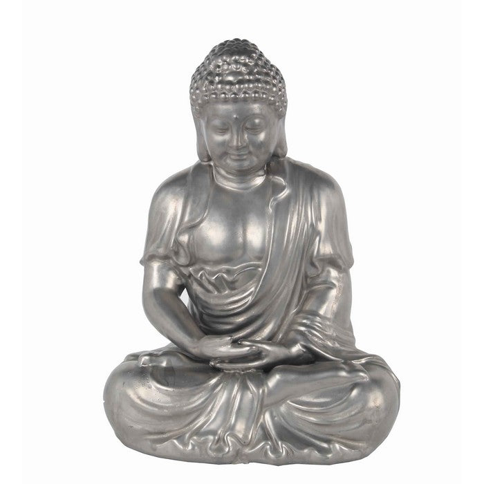 Ceramic Meditating Buddha Figurine in Dhyana Mudra Position, Silver