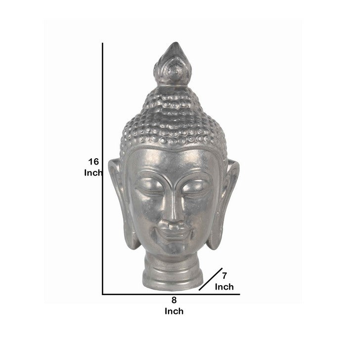 Closed Eye Ceramic Buddha Head with Pointed Ushnisha, Silver