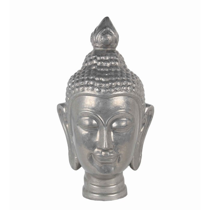 Closed Eye Ceramic Buddha Head with Pointed Ushnisha, Silver