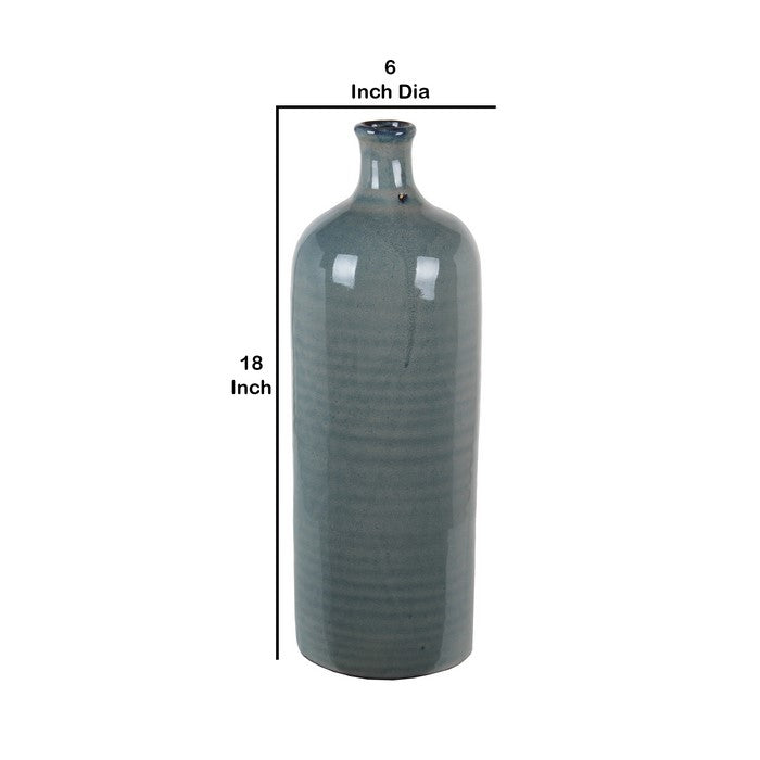 Bottle Type Ceramic Table Vase with Ribbed Pattern, Large, Gray