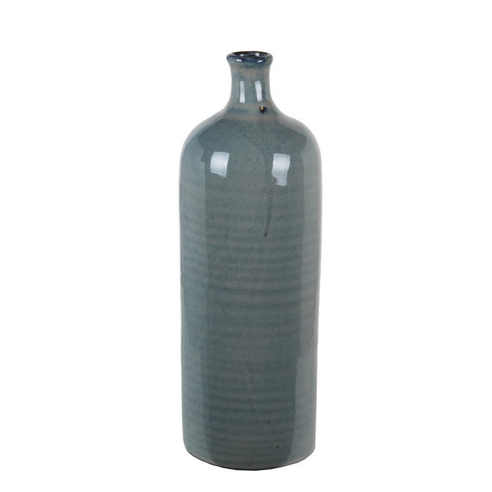 Bottle Type Ceramic Table Vase with Ribbed Pattern, Large, Gray